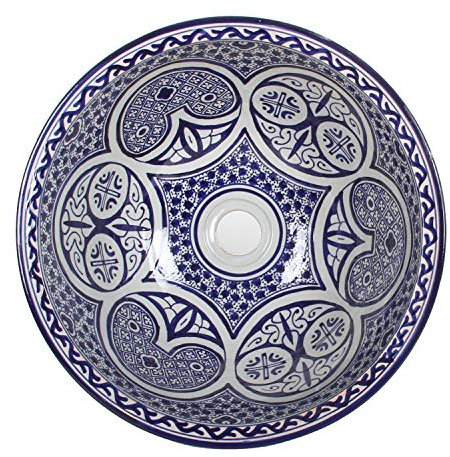 Casa Moro Mediterranes Keramik-Waschbecken Fes108 rund Ø 40cm blau-weiß H 18 cm Handmade Waschschale | Marokkanisches Handwaschbecken für Bad Waschtisch Gäste-WC Badezimmer | WB40318