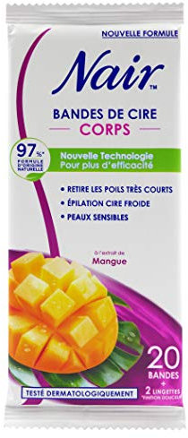 Nair - 20 strisce di cera fredda mango - Epilazione gambe - Ultra veloce ed efficace su setole molto corte - 2 salviette finiture