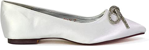 ESSEX GLAM Womens Flat Wedding Shoes Ladies Diamante Bow Bridal Ballet Slip On Flower Girl Pumps Size 3-8 White Satin
