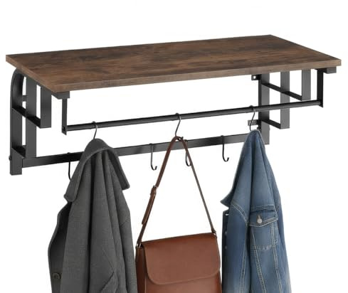 tectake® Wandgarderobe mit Ablage, Flurgarderobe aus Holz, Garderobe Wand mit 5 abnehmbaren Haken und Hängestange, Hängeregal Industrial Design, 66 x 30 x 27 cm - Industrial Dunkelbraun