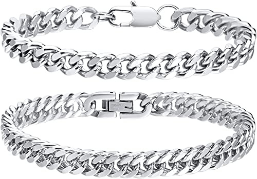 Vnox 2 braccialetti a maglia cubana da uomo, robusto acciaio inossidabile, con bordo largo per uomini papà fidanzato marito, 19-23 cm, 23, Acciaio inossidabile Argento
