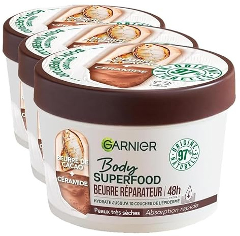 Garnier - Body Superfood - Crème Soin Corps Réparatrice - Hydratation 48H - Formule Vegan & à 97% d'Origine Naturelle - Au Beurre de Cacao & Céramide - Pour Peaux Sèches - 380 ml (Lot de 3)