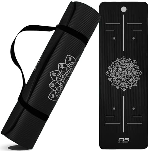OZE SPORTS Yoga Mat, NBR Foam, Extra Thick, Non-Slip, High Density, Large, for Pilates, Gymnastics, HiiT and Fitness, with Carry Strap (Black Mandala)