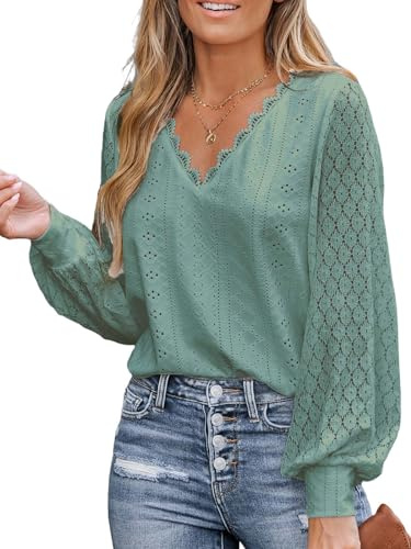 CUPSHE Damblus, chic och elegant spetsblus med v-ringning, långärmad, lediga toppar, Salvia grön, XS