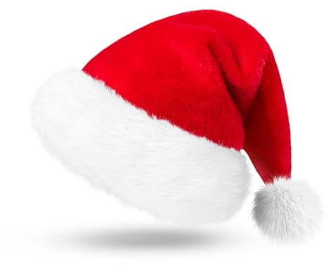 Giggling Getup Cappello di Babbo Natale di alta qualità in velluto rosso con pompon, taglia unica, per adulti e bambini, regalo per feste di Natale