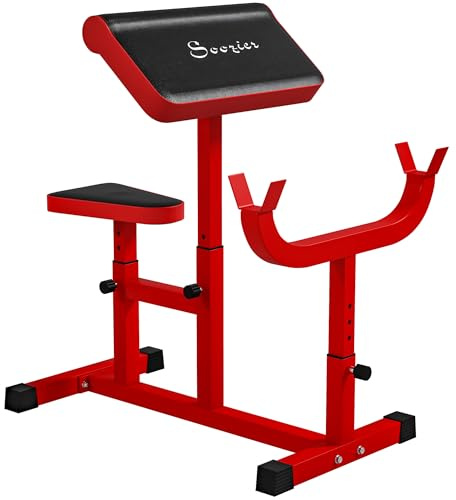 Soozier Adjustable Preacher Curl Bench with Brabell Rack, Strength Training Seated Arm Isolated Barbell Dumbbell Bicep Station, 265 LBS Home Gym Fitness Equipment, Red