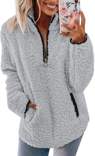 CGGMVCG Womens Fleece Jumper 1/4 Zip Up Teddy Fluffy Pullover Sweatshirt Ladies Casual Sweater Cozy Coat Tops Fall Winter Stand Collar Fleece Jacket with Pockets