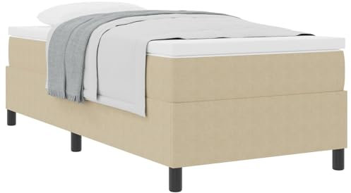 vidaXL Boxspring säng med madrass i beige, 90 x 190 cm, gjord av kordtuchtyg. Den har en justerbar huvudgavel, en stabil design och ger en skön sovlösning för ditt sovrum. Perfekt rektangulär möbel