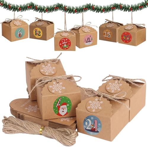 Christmas Advent Calendar Boxes, Empty Advent Calendar Boxes to Fill Yourself, DIY Advent Calendar Kit with Stickers and String, Christmas Countdown Boxes to Fill for Kids and Adults