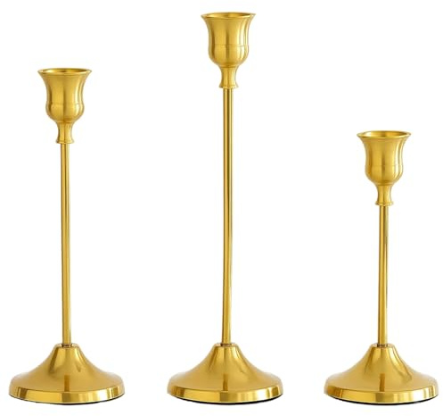 3 Pcs Gold Candle Holders, Set of Small, Medium and Large Vintage Candlestick Holders, Elegant Table Decor for Wedding, Christmas Party, Home Decoration and Gift Giving