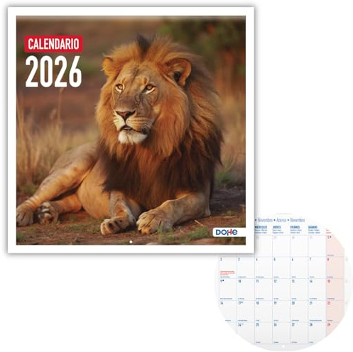 Dohe - Calendario Pared 2026-12 Meses Enero a Diciembre, Mes Vista, 30x30 cm, Idioma Español, Encuadernación de Grapas, Espacio para Notas, Planning del Año, Papel Grueso 120 gr/m² - Fauna Salvaje