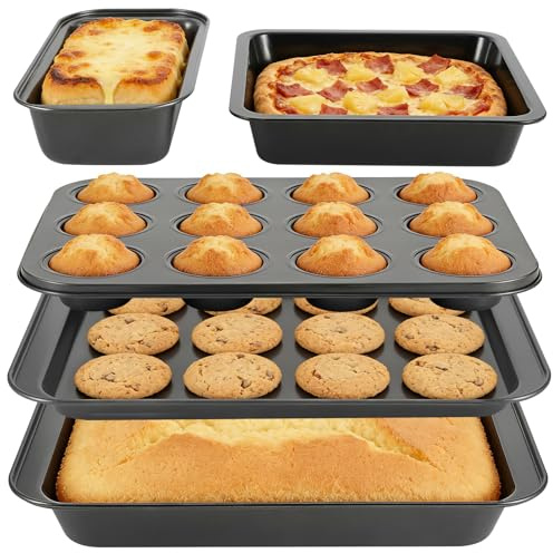 5 PCS Non-Stick Bakeware Set, Carbon Steel Baking Trays for Oven – Includes Loaf Tin, Cake Pan, Muffin Tray (12 Cup), Roasting Pan & Cookie Sheet, Stackable Easy Release Baking Set – Black