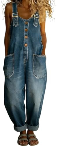 Salopette en jean Y2K pour femme avec fermeture à boutons, jambes larges, combinaison en jean, style vintage, coupe ample, salopette baggy effet vieilli