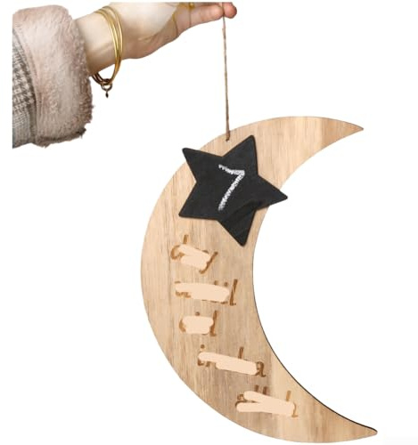 Ramadan Countdown Calendar Wooden, Eid Mubarak Wall Decoration Hanging with Middle Eastern Castle Design, Home Decor Moon and Star Ornament for Muslim Festival For, Beige(JM01356)