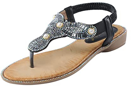 Sommarskor dam bekväma breda H, flip flops strass glitter | Strandskor damsandaler eleganta T-remmar tåseparator PU-läder sandaler stora storlekar strandsandaler bekväma sandaler