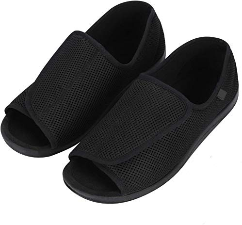 Hommes Chaussons Diabétiques Chaussure Orthopédique Réglable Pantoufles Intérieur Confortable Sandales Pied Large Chausson Fermeture pour Personne Âgée Pieds Gonflés Arthrite Oedème Swollen,Noir, 44EU