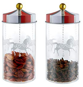 Alessi Circus MW68S2 - Design Set Bestehend aus Zwei Gewürzbehälter aus Glas Mit Aufdruck Und Abgedichtetem Deckel aus Weissblech, 6 x 12.6 x 12.6