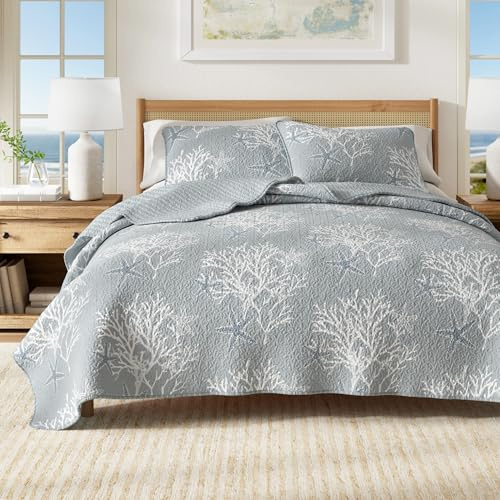 Juego de ropa de cama matrimonial y queen, colcha costera de verano con fundas, juego de colcha reversible de 3 piezas para todas las estaciones, colcha ligera náutica, colección Fenwick, azul perla