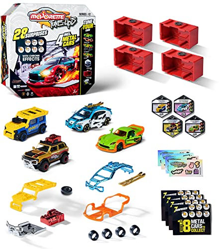 Majorette – Tune Ups Series 2, 4er Set mit 28 Überraschungen, Spielzeugautos aus Metall zum Tunen, 4 von 18 Autos zum Sammeln im Überraschungspack, inkl. Tuning-Zubehör, Sammelboxen und Stickern