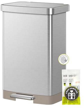 EKO Hudson Matte Stainless 50 Liter/13.2 Gallon Step Trash Can with Rear Trash Bag Storage Compartment