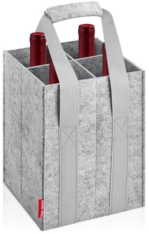 Eurhomewit Sac à Bouteilles 4 Compartiments, Sac à Vin avec Poignée, Sac de Rangement Réutilisable Porte Bouteille pour Vin et Champagne, 18cm x 18cm x 27cm - Gris