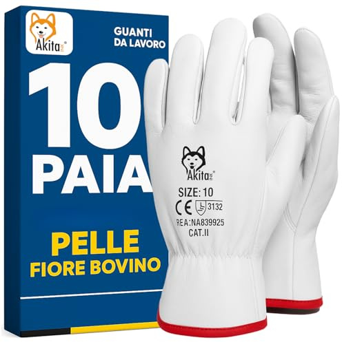 AKITAInk Guanti da Lavoro in Pelle Fiore Bovino – Taglia 10, Confezione da 10 Paia – Resistenti, Antitaglio, Traspiranti per Edilizia, Giardinaggio, Officina