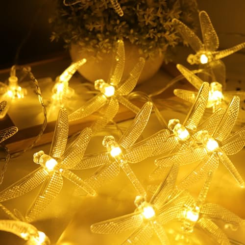 RECUTMS Dragonfly Hanging Fairy String Lights,3M/10ft 20LEDs Battery Operated Light for Indoor Outdoor Home Bedroom Valentine's Day Wedding Fence Camping Birthday Party (Warm White)