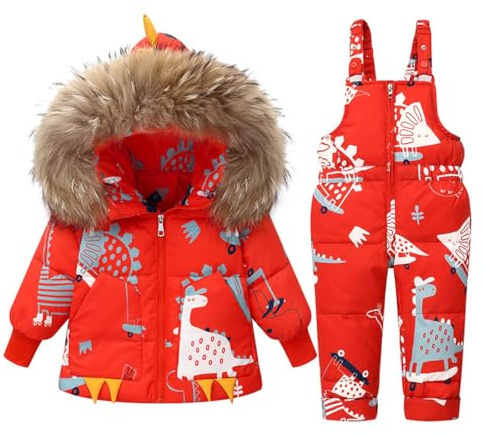 Acuryx Tryckta snödräkter för baby-flickor, 2 stycken klädset, vinter, unisex, barn, dunjacka med avtagbar pälshuva med snöhängselbyxor, pojkar, flickor, skiddräkt, kläder, röd, 5-6 År