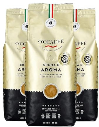 O'ccaffé 3 x 1 kg granos de café enteros; 100% café Arabica Crema y Aroma. Tueste natural en tambor de una empresa familiar italiana; café en grano, café.
