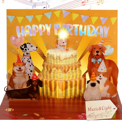 Birthday Cards, Musical Birthday Cards, Funny Pop Up Dog Birthday Card with Lights for Women, Men, Children, Wife, Husbands, Sons, Daughters, and Dog Lovers