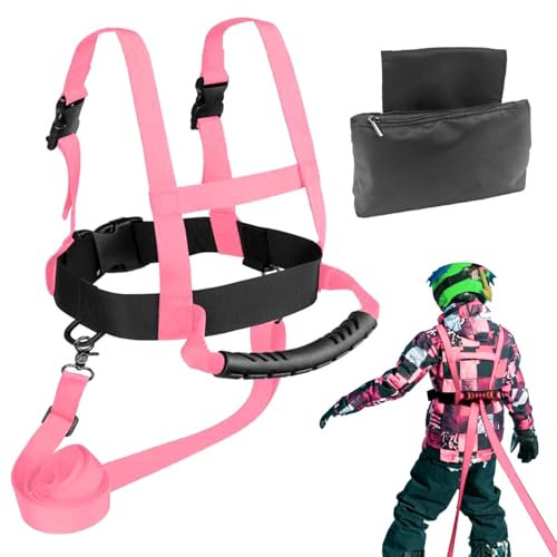 songyea Ski und Snowboard Gurt für Kinder, Ski Gurt mit Abnehmbarer Leine und Tasche, Skating Trainingsgürtel, Geschwindigkeitskontrolle, Perfekt für Anfänger Kinder (Rosa)