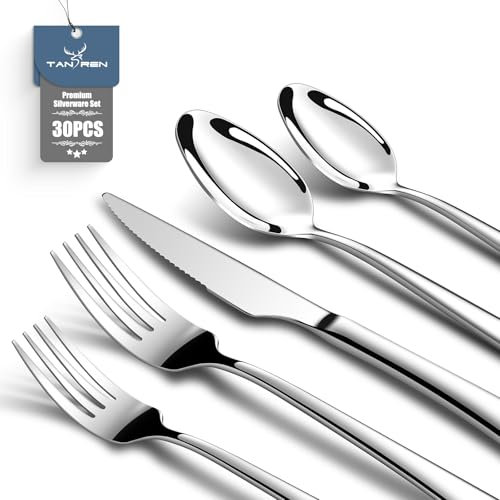 TAN REN Edelstahl Besteck Set 6 Personen, 30-Teiliges Besteckset mit Steakmesser, Elegantes Essbesteck mit Messer Gabel Löffel Set, Cutlery Set für Küche/Restaurant