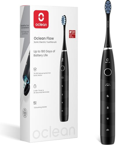 Oclean Spazzolino elettrico sonico Flow, Ricarica ogni 180 giorni, 5 Modalità, Impermeabile IPX7, Timer da 2 minuti, Nero
