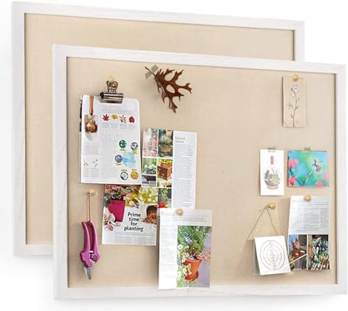 Emfogoo Lot de 2 tableaux muraux en liège, 60 x 45 cm, tableau en liège avec 40 pointes, bord en bois, convient pour bureau, école, décoration murale, décoration intérieure (blanc)