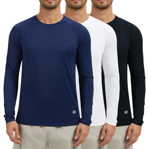 AMZSPORT Confezione da 3 Maglia Uomo a Maniche Lunghe Protezione UV UPF 50+ Maglietta Sportiva Traspirante e ad Asciugatura Rapida per Corsa, Outdoor, Fitness Nero Bianco Blu Navy M