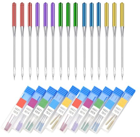 30 Pack Universal Regular Point Sewing Machine Needles, Color Coded 5 Sizes (65/9-110/18), Titanium Plated Sharp Needles, Fits Most Home Sewing Machines, for Chiffon Silk Leather Jeans Woven Fabrics