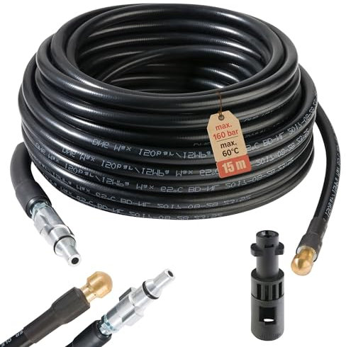 Arebos tubo flessibile di pulizia 15 m | 160 Bar | adatto per Pulitore ad alta pressione LAVOR | include Adattatore per attacco a baionetta