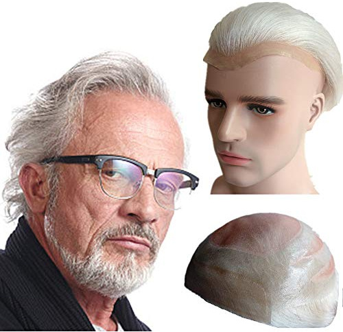 NLW Gray white hair Toupee for men 100% European Human pieces for men Hair replacement system Man piece soft (White-PU+Lace base)
