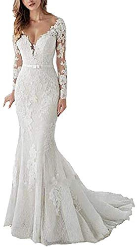 Snow Lotus Abito da sposa a sirena con scollo a V da donna a maniche lunghe in tulle con applicazioni in pizzo per spose, bianco, 42