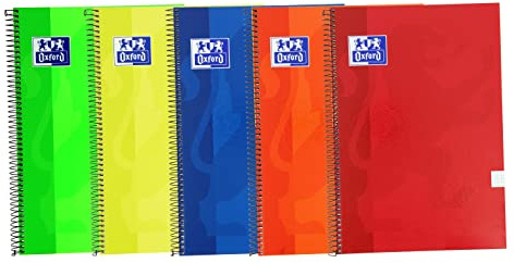 Oxford, Cuadernos A4 (Folio), Cuadrícula 4x4 Tapa Extradura, 80 Hojas. Pack 5 Libretas, Colores Surtidos Vivos