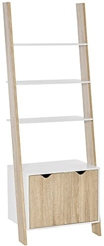 HOMCOM Estantería en Forma de Escalera de Madera Librería con 3 Estantes y 1 Armario de Almacenaje Estilo Nórdico Moderno 60x40x171 cm Roble y Blanco