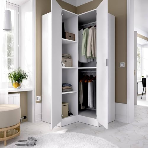 Dmora - Guardaroba 2 ante Elgon, Mobile angolare per camera da letto, Armadio appendiabiti ad angolo, 91x93h184 cm, Bianco