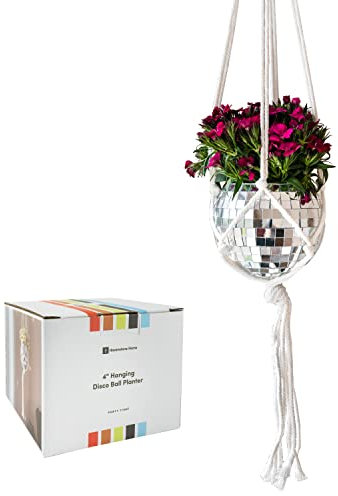 Havenstone Home Hängender Discokugel-Pflanzgefäß, 20,3 cm, mit Acryl-Ständer und Makramee-Pflanzenaufhänger, Heimdekoration, Raumdekoration, Terrassen- oder Boho-Dekor, Spiegel-Disco-Pflanzgefäß,