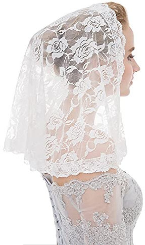 Carufin Brautschleier Kurzer Schleier Muslimische Spitze Blumenrand Tüll Hochzeit Haarschmuck für Frauen und Mädchen (Elfenbein)