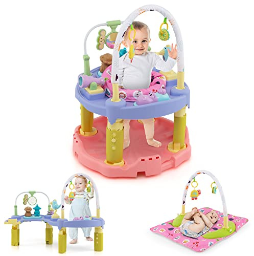 BABY JOY Baby Bouncer Activity Center, 3 in 1 Activity Center & Table | Infant Play Mat, Bouncing Activity Saucer w/Music, 3 Adjustable Height, 360° Seat for Babies 0-24 Months (Pink)