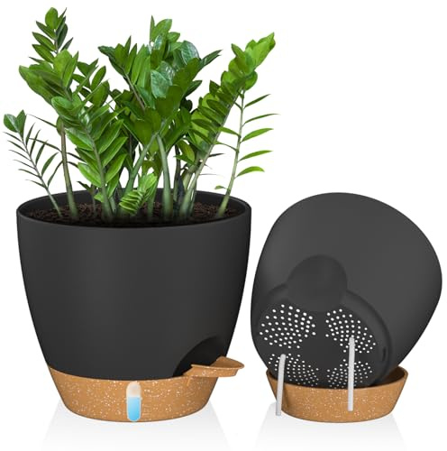 ZMTECH Juego de 2 maceteros grandes de 30 cm con platillo, macetas auto-regables de plástico, maceteros con indicador de nivel de agua para interior/exterior (negro)