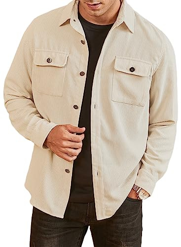 Elegancity Men's Corduroy Shirts Casual Long Sleeve Button Down Trucker Jacket Autumn Winter Coats with Pockets (Apricot, Large)