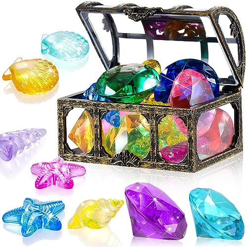Skylety 12 Stück Tauchjuwel Schwimmbad Spielzeug mit 1 Schatzkiste und 12 Bunten Acryl Edelsteinen aus Kunststoff Schatztruhe Unterwasser Edelsteine Spielzeug Party Mitgebsel (Bronze)