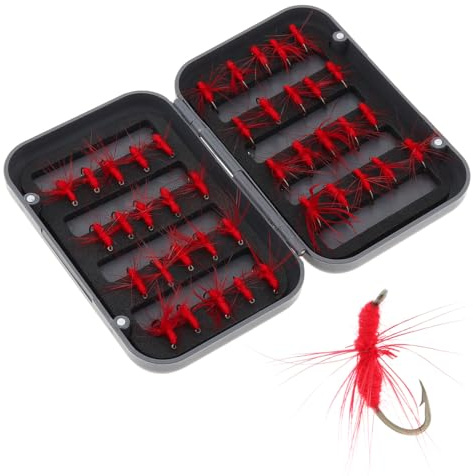 OriGlam 40pcs Fly Fishing Lures Trout Lure, Fly Fishing Lure Artificial Bait with Hook, Handmade Fly Fishing Lures Simulation Bass Lures for Trout Bass Salmon (Red)