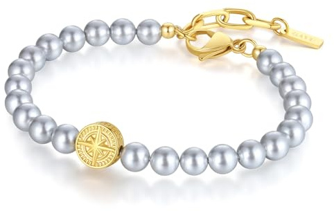 GAVU Bracciale Perle Uomo Donna, Bracciale Perle Grigie con Charm Bussola